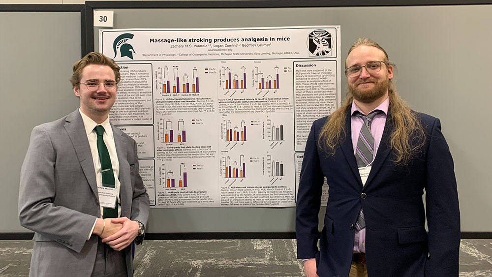 Zach Waarala and Logan Comins presenting their work at the Osteopathic Medicine Research Day
